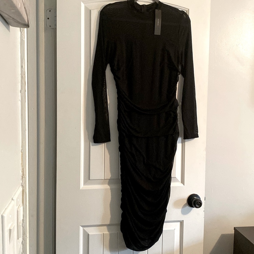 NWT ALLEGRA K SCRUNCHED DRESS MESH LONG SLEEVE PAST THE KNEES
